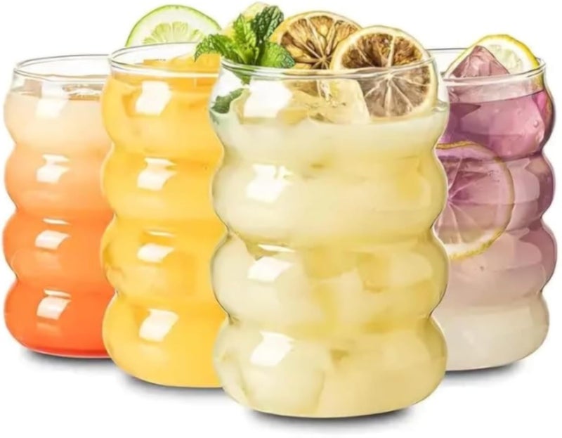 كوب زجاجي دائري مموج من هابي هوم مع شفاطة - 530 مل - عبوة من قطعة واحدة - كوب زجاجي شفاف لعصير الفواكه والحليب مع شفاطة (عبوة من قطعة واحدة)،